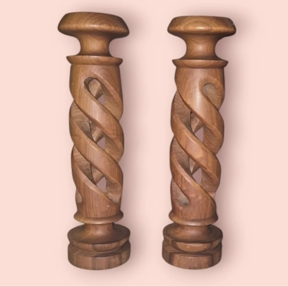 Wooden Candlesticks Candle Holders Tall Spiral Carved Solid Wood 11
